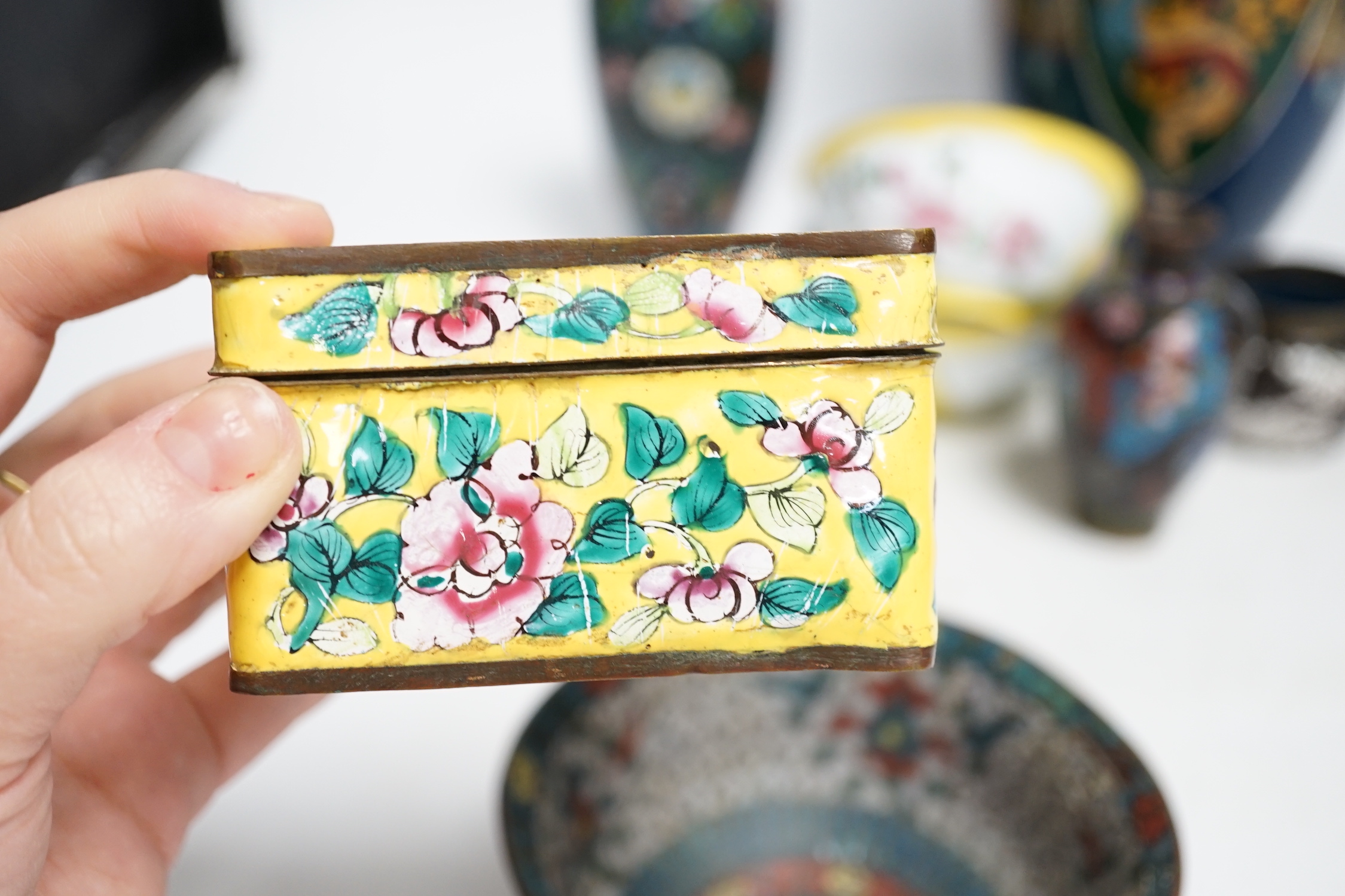 Four Japanese cloisonné enamel vases and a similar bowl and two Canton enamel bowls and similar box and cover, tallest 30cm high